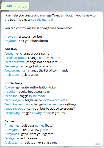 Команды в @BotFather
