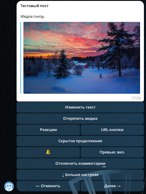 Посты в Телеграм: текст и медиа снизу
