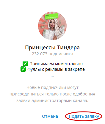 Обязательная подписка в Телеграм, вход в канал по заявкам