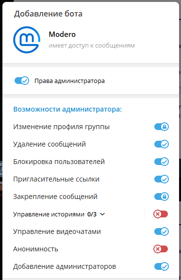 Выдача прав боту Modero 