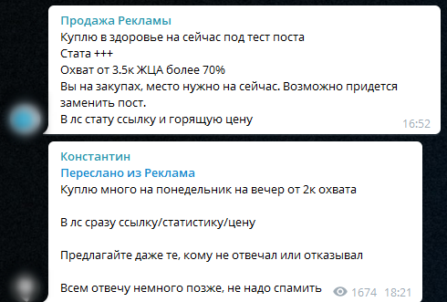 Как продавать рекламу в Телеграм-каналах с помощью чатов: пример чата с запросом на рекламу.